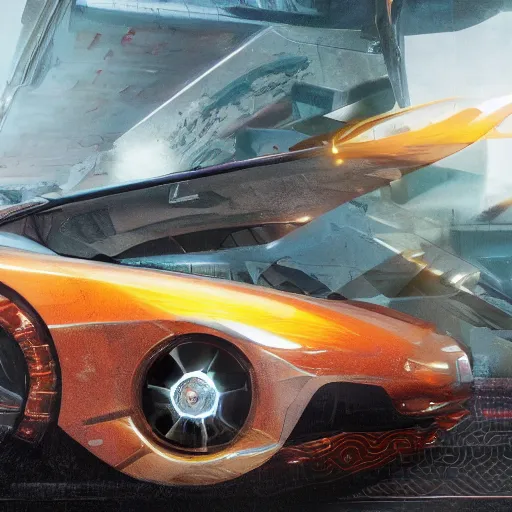 Image similar to car : motherboard forms in the style of zaha hadid architecture sci-fi futuristic setting ultra realistic photography, keyshot render, octane render, unreal engine 5 render , high oiled liquid glossy specularity reflections, ultra detailed, golden hour 4k, 8k, 16k in the style ofblade runner 2049 Cyberpunk 2077 ghost in the shell thor 2 marvel film : tilt shift: sharp focus