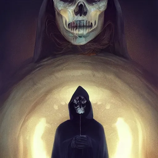 Image similar to menacing grim reaper portrait, showing a sand clock running out of time, mysterious atmospheric lighting, painted, intricate, volumetric lighting, beautiful, rich deep colours masterpiece, golden hour, sharp focus, ultra detailed, by leesha hannigan, ross tran, thierry doizon, kai carpenter, ignacio fernandez rios