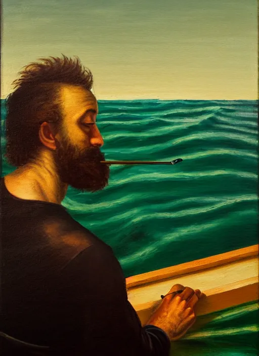 Image similar to self portrait of a painter painting himself on a raft in the ocean