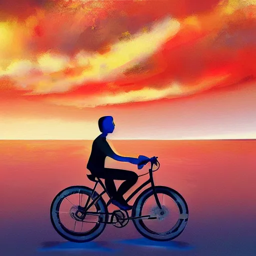 Prompt: The joy of riding a bike through the sky, striking composition, evokes feelings of wonder, expressive digital painting