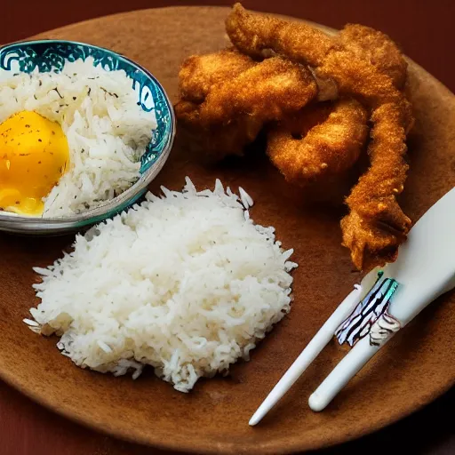 Prompt: a plate of white rice, fried rabbit thighs and fried snakes, food photography