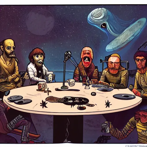 Image similar to scruffy punk starship crew sitting at table and getting drunk and singing folk music, extraterrestrials, alien 1 9 7 9, ron cobb, jim henson creature shop, mike mignogna, highly detailed, comic book, science fiction, used future