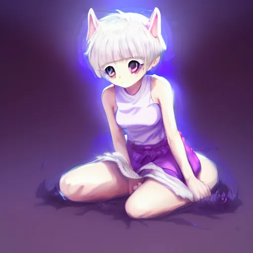 Image similar to advanced full body digital anime art, cute anime female dog hybrid, short white hair, purple watery eyes, dog paws for arms and legs and a big dog tail , full round face :: cinematic lighting, rim lighting, very highly intricately detailed, trending on pixiv :: Steven Artgerm Lau, WLOP, RossDraws, RuanJia, James Jean, Andrei Riabovitchev, Totorrl, Marc Simonetti, Visual Key, and Sakimichan