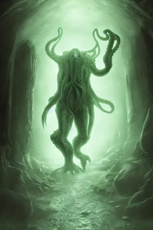 Prompt: matte painting of a human explorer mutated cthulhu beast wandering the dark corridors of a wet underground dungeon in lovecraft style