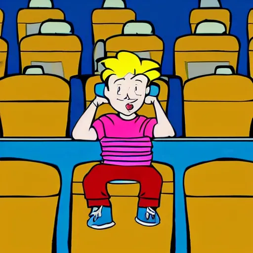 Prompt: a boy sitting alone in a movie theater eating popcorn, in the style of doug, 1 9 9 0 s cartoon,
