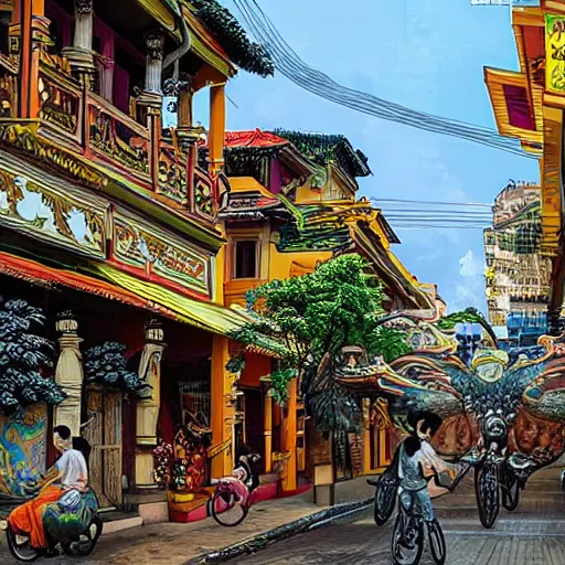 Prompt: ho chi minh city bui vien street, rococo art style, animals and birds, highly detailed