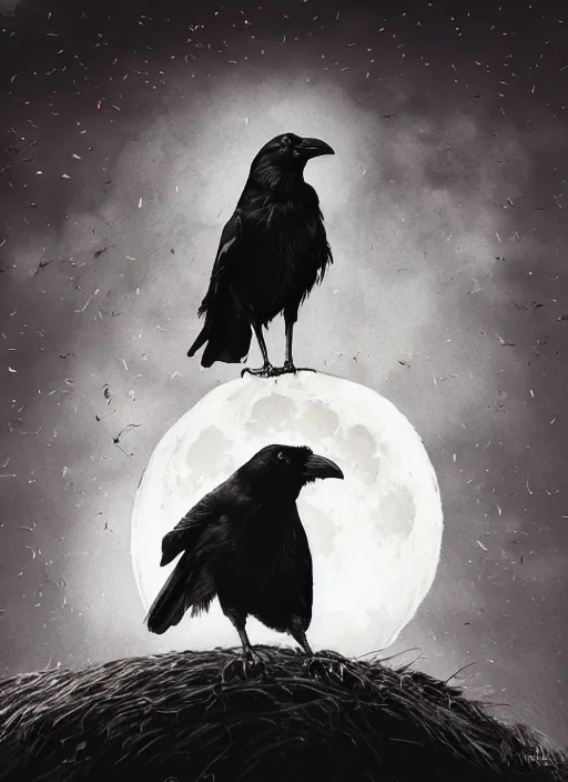 Image similar to portrait, A crow in front of the full big moon, book cover, red white and black colors, establishing shot, extremly high detail, foto realistic, cinematic lighting, pen and ink, intricate line drawings, by Yoshitaka Amano, Ruan Jia, Kentaro Miura, Artgerm, post processed, concept art, artstation, matte painting, style by eddie mendoza, raphael lacoste, alex ross