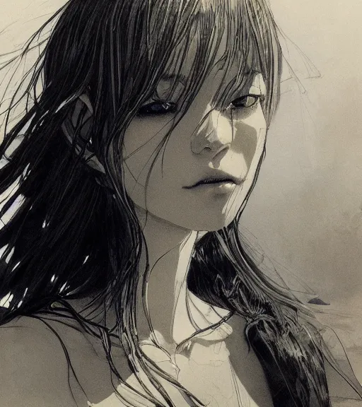 Image similar to portrait of anime elf girl wearing swimsuit, pen and ink, intricate line drawings, by craig mullins, ruan jia, kentaro miura, greg rutkowski, loundraw