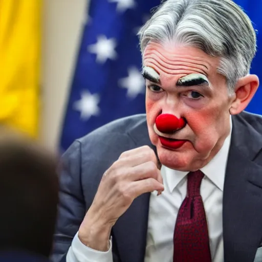 Image similar to Jerome Powell with colorful clown makeup all over his face