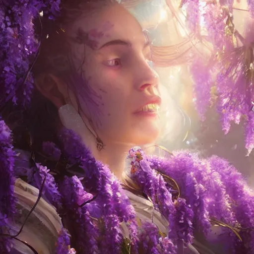 Prompt: female druid, floral explosion, radiant light, vortex of wisteria petals, oil painting, Tooth Wu, Greg Rutkowski, RPG portrait, dynamic lighting, fantasy art, High contrast, depth of field