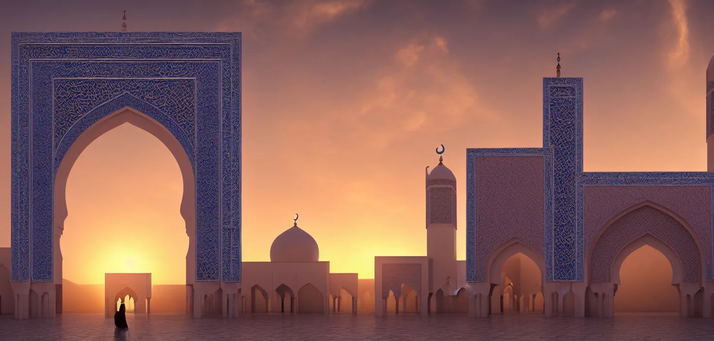 Prompt: great mosque hassan 2 at sunset in casablanca in water, morocco. beautiful arches of the arab mosque in sunset, sunlight rays, cinematic view, epic sky, detailed, concept art, low angle, high detail, warm lighting, volumetric, godrays, vivid, beautiful, trending on artstation, by jordan grimmer, huge scene, grass, art greg rutkowski