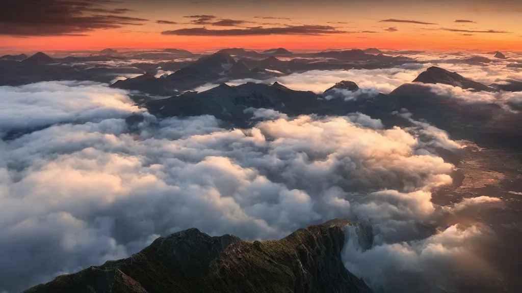 Prompt: amazing landscape photo of a flying island above a lake, above the sky, above clouds, in sunset by marc adamus, beautiful dramatic lighting