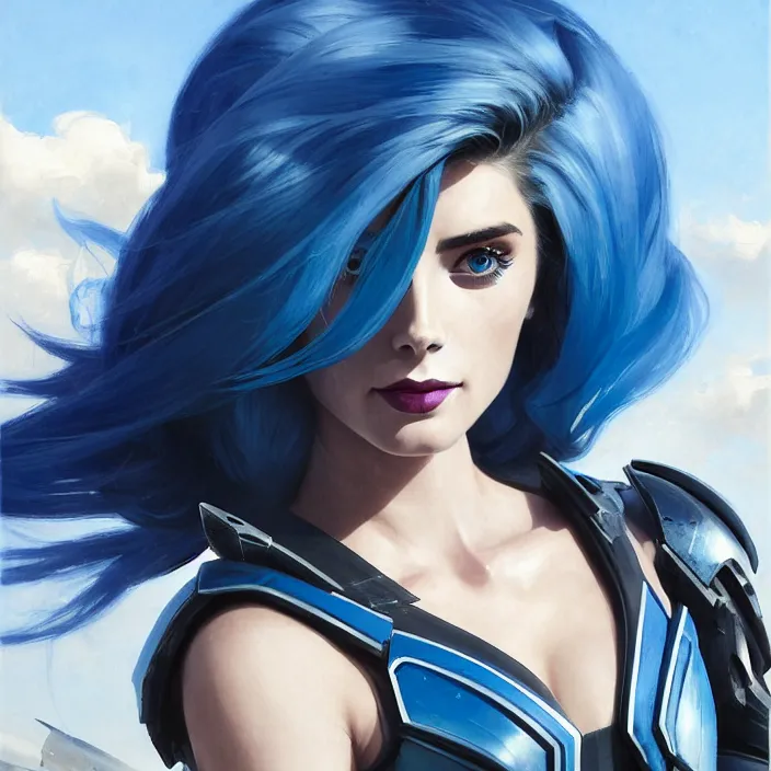 Image similar to portrait of a combination of Ashley Greene, Adriana Dxim, Grace Kelly and Lily Collins with blue hair wearing Interceptor's armor from Anthem, countryside, calm, fantasy character portrait, dynamic pose, above view, sunny day, thunder clouds in the sky, artwork by Jeremy Lipkin and Giuseppe Dangelico Pino and Michael Garmash and Rob Rey and Greg Manchess and Huang Guangjian, very coherent asymmetrical artwork, sharp edges, perfect face, simple form, 100mm