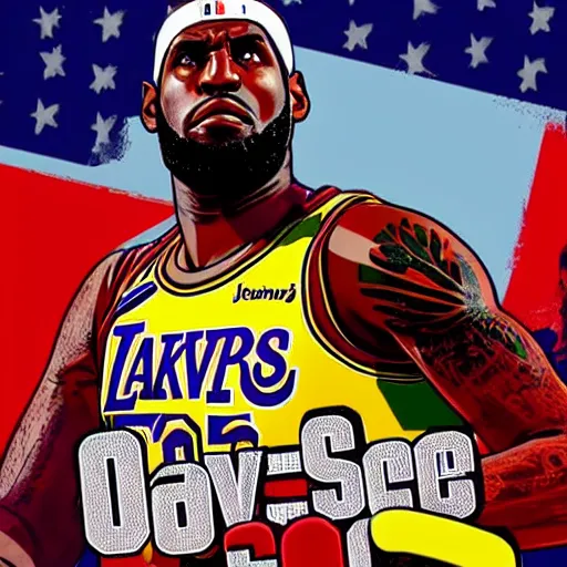 Prompt: lebron james in gta v cover art, sharp details, sharp focus