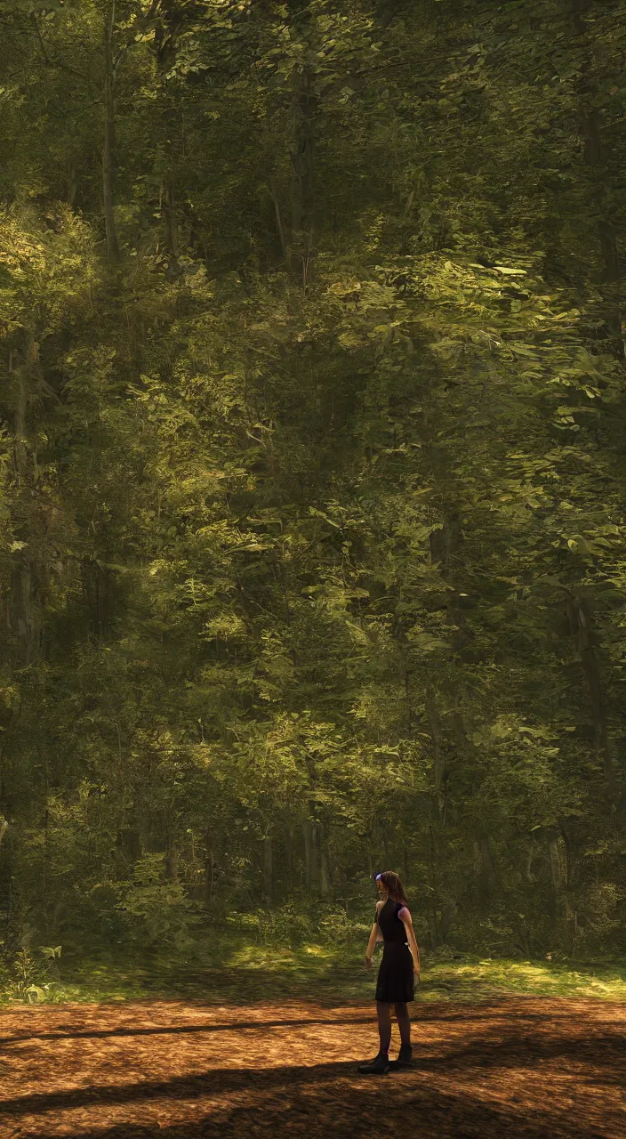 Prompt: a woman lost in the woods, beautiful scene, photographed by annie leibowitz, 3D, unreal engine 5