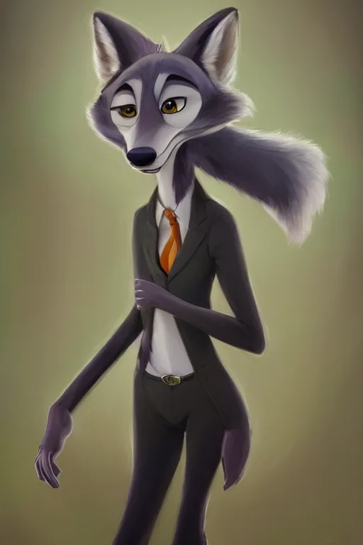 Image similar to oil painting of anthromorphic female wolf, in style of zootopia, female fursona, furry, furaffinity, 4 k, deviantart, furry art, fursona art, wearing black business suit, business suit, wolf fursona, female, smug expression,