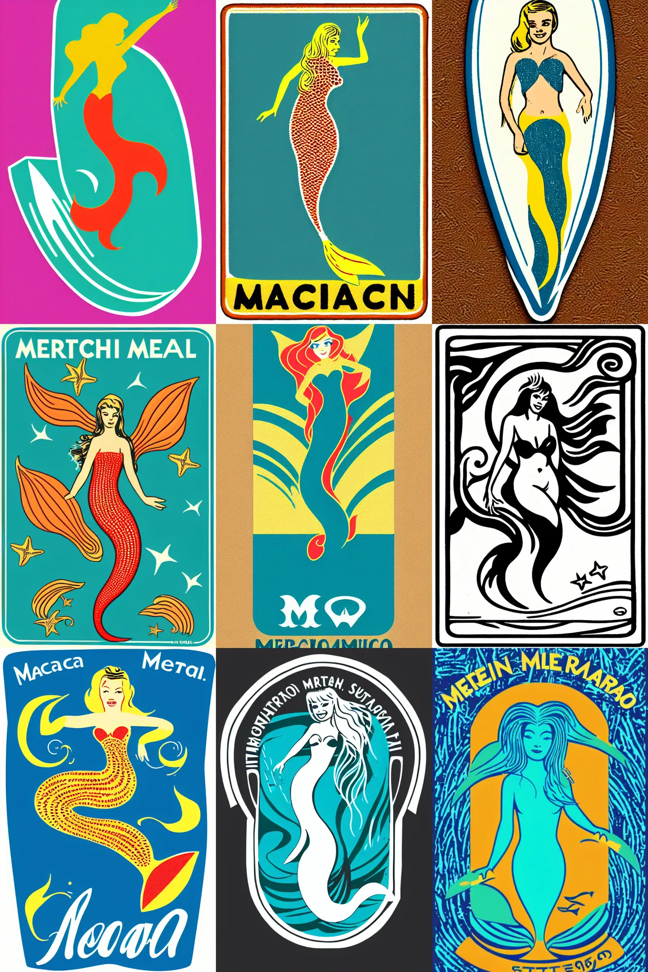 Prompt: vector patch logo of mermaid, 1 9 6 0 s surfboard