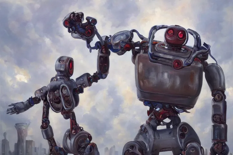 Prompt: oil painting of a robot fighting a human!!! artist, highly detailed, 4k, trending on artstation, realistic human!!!!