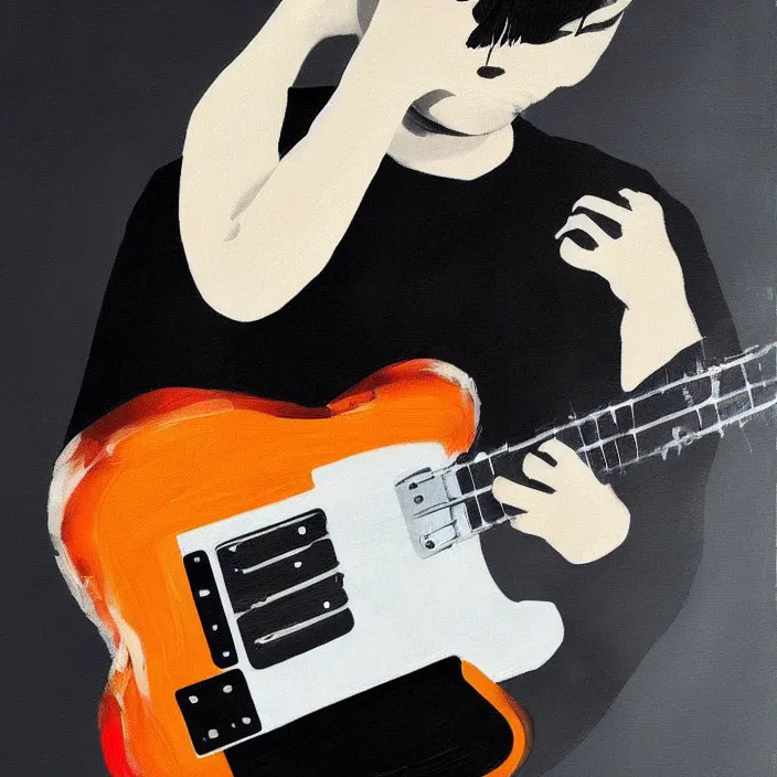 Image similar to minimal brush strokes painting of a young korean man wearing black t shirt holding a telecaster!!! electric guitar!!, dark background, huge dramatic brush strokes, matte colors, abstract, masterpiece, impressionist, trending on artstation