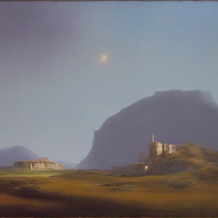 Prompt: a building in a landscape, by john harris