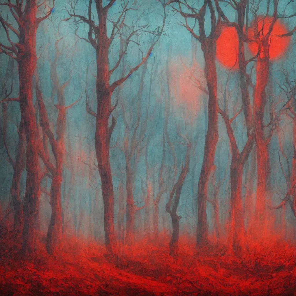 Image similar to semi real, and semi surreal. it's like a blend of a dream and a flawed memory. it's a forest under a red sun. a god sits under a tree, watching over a mystical body of water. the back of the canvas has a red glow from a fire set in the isle.