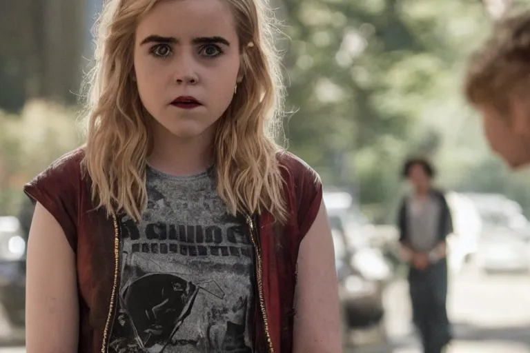 Image similar to promotional image of kiernan shipka as a punk in a new movie, detailed face, movie still frame, promotional image, imax 70 mm footage