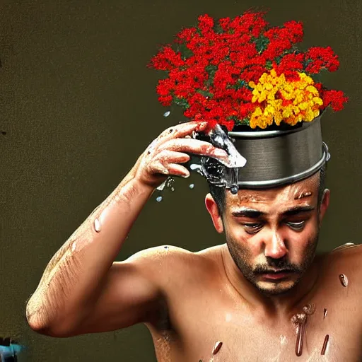 Image similar to man pouring water on head, flowers are in a pot on his head, the pot is part of his head, high detail, 8K digital art