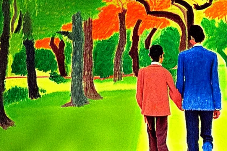 Image similar to a very tall man named John with dark hair holding the hands of a short young boy named Alex with dark hair as they walk in a park on a bright beautiful colorful day. part in the style of an edgar degas painting. part in the style of david hockney