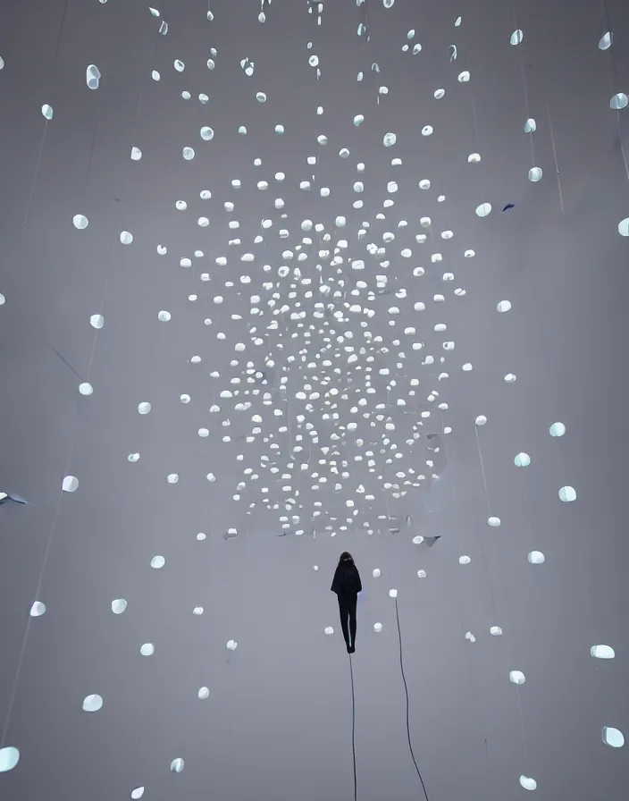 Image similar to high fashion close - up of a slick fashionable zara raincoat floating suspended mid - air over a glittering wet rainy contemporary lighting art installation designed by olafur eliason, james turrell, okuda, shot by denis villeneuve, wes anderson, lily frank, symmetry, rule of thirds