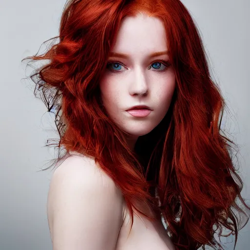 Image similar to A gorgeous redhead, sweet, natural eyes, modelsociety, raytracing, studio lighting, perfect face, intricate, Sony a7R IV, symmetric balance, polarizing filter, Photolab, Lightroom, 4K, Dolby Vision, Photography Award