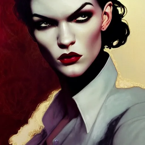 Prompt: stunning portrait of androgynous ruby rose as desire from sandman in a white tuxedo!!!, rockabilly style, by jeremy mann, by alphonse mucha, by peter lindbergh, dave mckean, by frank moth, white suit and black tie, soft lightning, high detailed, 8 k