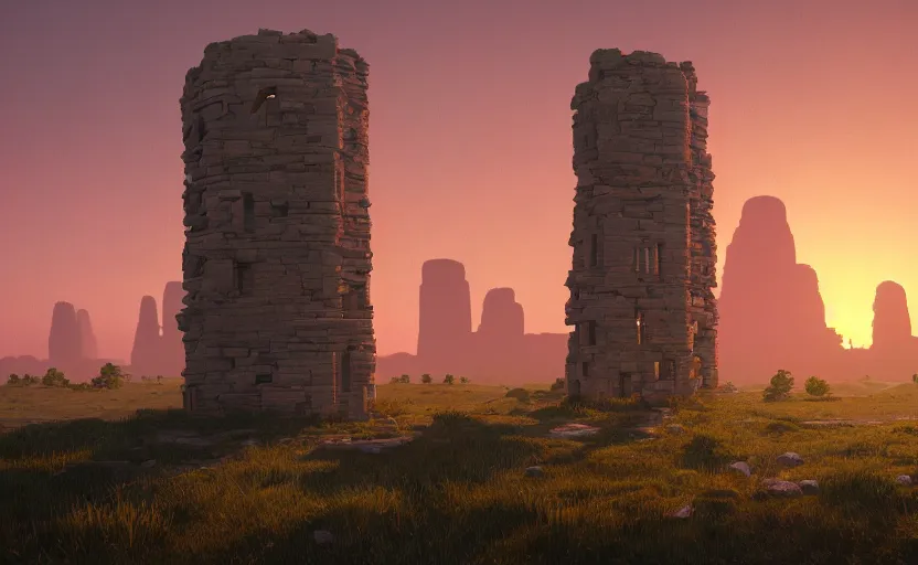 Image similar to A landscape with a giant stone brick tower with pillars on top at sunset, Low level, rendered by Beeple, Makoto Shinkai, syd meade, simon stålenhag, environment concept, synthwave style, digital art, unreal engine, WLOP, trending on artstation, 4K UHD image, octane render,