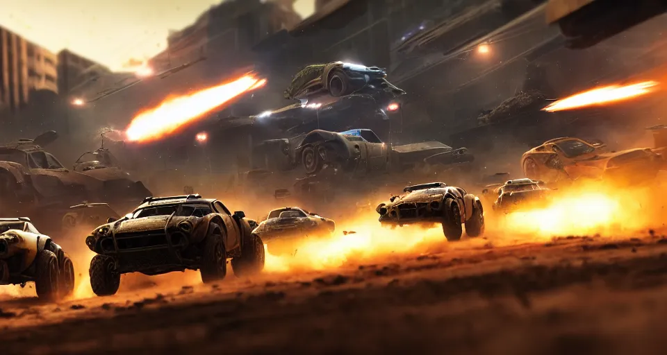 Image similar to macro closeup photo of halo warthogs being chased in a post apocalyptic city, 3 pm, smoke, dust, embers, mad max, action, speed, rocket league, volumetric lighting, hdr, need for speed, gta 5, ridley scott, syd mead, craig mullins, cinematic, octane