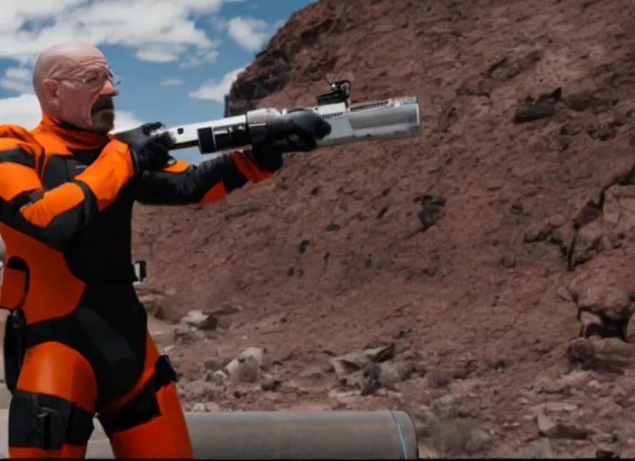 Image similar to film still of Walter White as Gordan Freeman wearing a black HEV suit with a glowing orange black mesa logo in front holding a gravity gun in the Half Life Movie, 4k