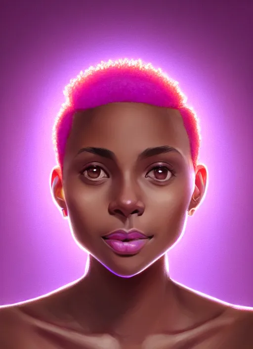 Prompt: portrait of vanessa morgan, black teenage girl, pink curly pixie cut hair, purple cap, hoop earrings, subtle confident smile, intricate, elegant, glowing lights, highly detailed, digital painting, artstation, concept art, sharp focus, illustration, art by wlop, mars ravelo and greg rutkowski