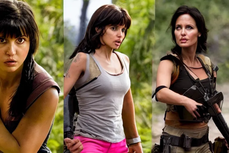 Image similar to Dora the Explorer (played by Isabela Merced) vs Lara Croft (played by Angelina Jolie), film by James Bobin and Simon West