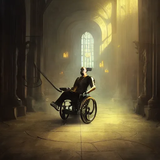 Prompt: handsome portrait of a wheelchair guy fitness posing, radiant light, caustics, heroic, smooth, one legged amputee, bloodborne gehrnan, by gaston bussiere, bayard wu, greg rutkowski, giger, maxim verehin