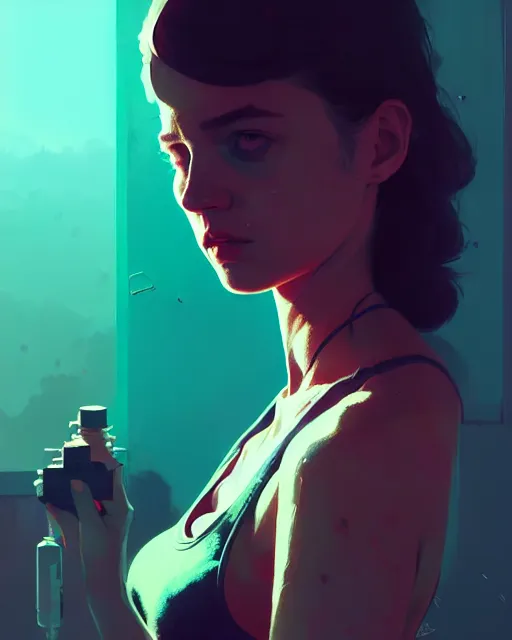 Image similar to neo - noir, hyper - realistic portrait of a girl in a tank top, intricate, 4 k, by atey ghailan, by greg rutkowski, by greg tocchini, by james gilleard, by joe fenton, by kaethe butcher, dynamic lighting, lighting color scheme, sharp focus, grunge aesthetic