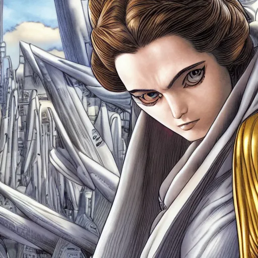 Image similar to Padme Amidala looking into the distance, by Yusuke Murata, highly detailed, establishing shot