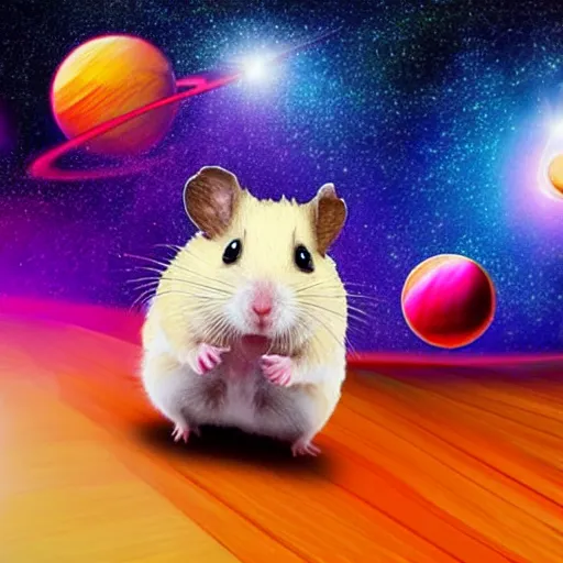 Image similar to hamster skating through space, colorful, realistic