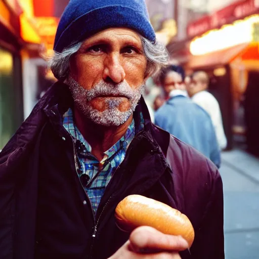 Image similar to closeup portrait of a sneaky man hiding trying to sell hotdogs in a smoky new york back street, by Annie Leibovitz and Steve McCurry, natural light, detailed face, CANON Eos C300, ƒ1.8, 35mm, 8K, medium-format print