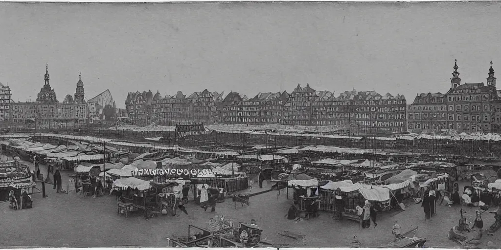 Prompt: 1 8 th century picture of the hamburg fischmarkt next to the river elbe, food stalls, vegetable stands, fishmongers, 1 9 0 0 s photography