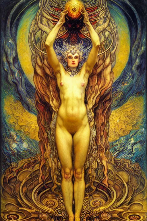 Image similar to Divine Chaos Engine by Karol Bak, Jean Delville, William Blake, Gustav Klimt, and Vincent Van Gogh, symbolist, visionary