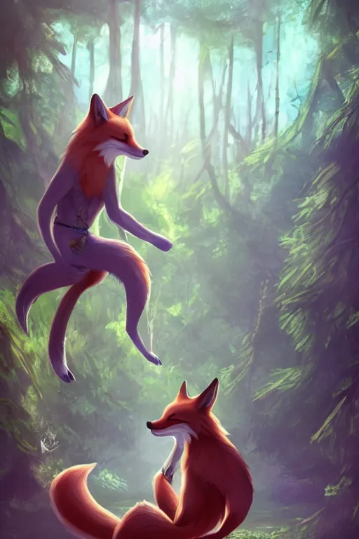 Prompt: a medevial anthropomorphic fox with a big tail in a forest, trending on artstation, detailed, anime, warm lighting, backlighting, by kawacy, trending on furaffinity, furry art, fantasy art, assassins creed, cgi