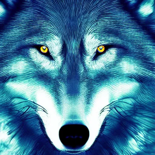Prompt: detailed wolf face made of blue fire, detailed, bright cyan eyes, realistic