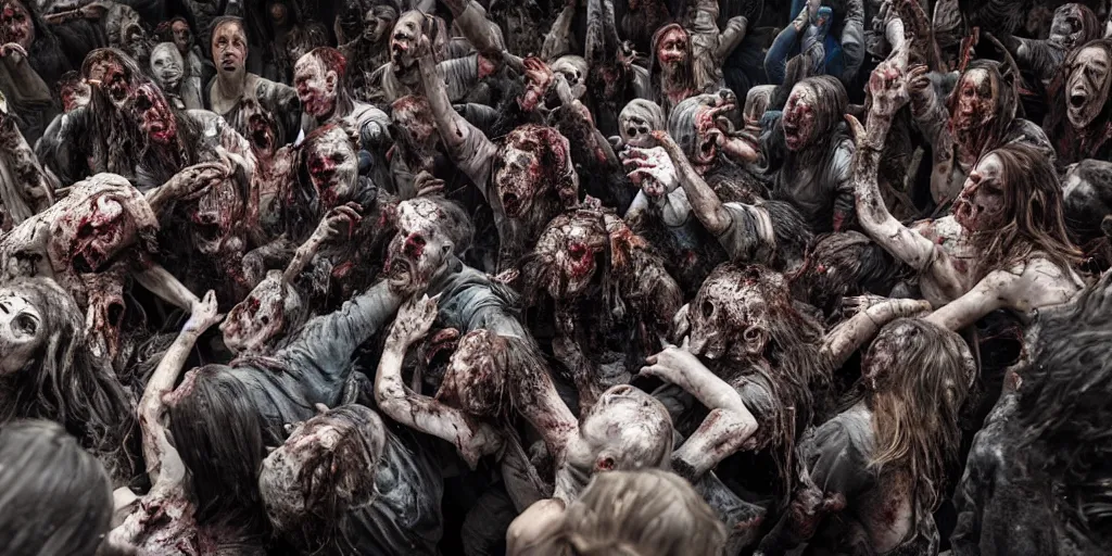 Image similar to epic scene of zombie moshpit, post-apocalyptic, post-human, dramatic, highly detailed, sharp focus, 8k, 35mm, cinematic lighting