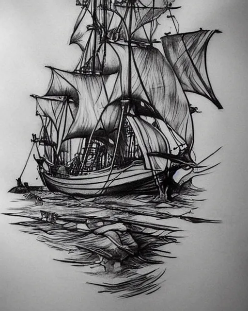 Prompt: A tattoo design sketch of a realistic pirate ship, on paper, black and white, highly detailed, realistic tattoo, by artgerm