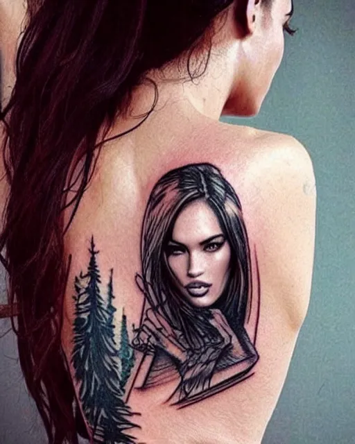 Image similar to creative double exposure effect tattoo design sketch of megan fox faded in beautiful mountain scenery, realism tattoo, in the style of matteo pasqualin, amazing detail, sharp