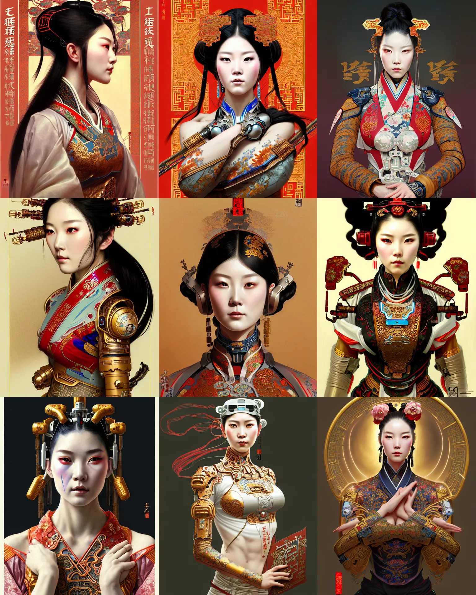 Prompt: portrait of a female with cybernetic body, machine head and face gear, decorated with chinese opera motifs, royal, fine china, wuxia, traditional chinese art intricate intense elegant highly detailed digital painting artstation concept art smooth sharp focus illustration, art by artgerm and greg rutkowski alphonse mucha 8 k