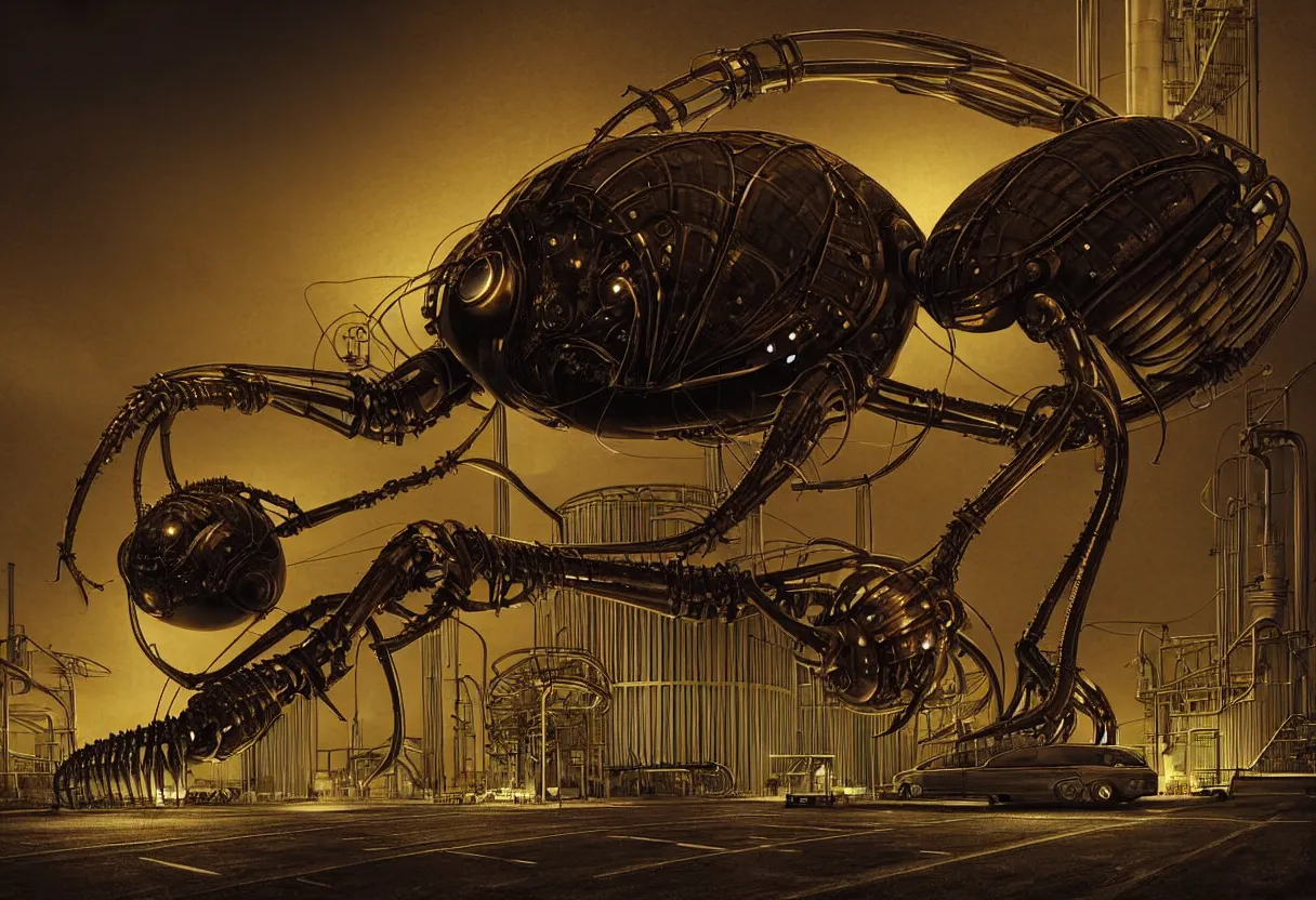 Prompt: a giant atlas beetle in the foreground in front of a massive earth - toned brutalist industrial plant, biomechanical, biopunk, nighttime, low key, dark, gloomy, hazy, spotlights, leds, dramatic lighting, watch tower, helicopter, vignette, art by hr giger, digital art